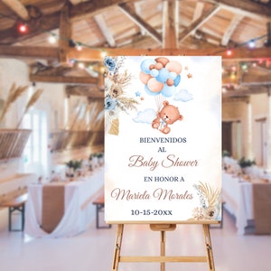 Editable Spanish blue Teddy Bear Boho Baby Shower Welcome Sign for Boy - Printable ALL Text editable Welcome sign Template Instant Download
