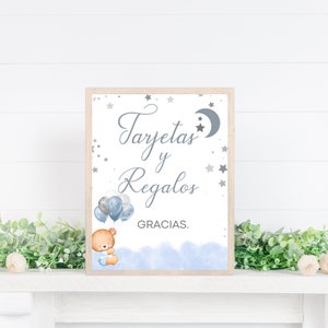 Tabliczka na stół z hiszpańskimi kartkami i prezentami, Cartel para la mesa de los regalos y targetas, Tabliczka na stół z prezentami na baby shower dla chłopców, NATYCHMIASTOWE POBIERANIE.