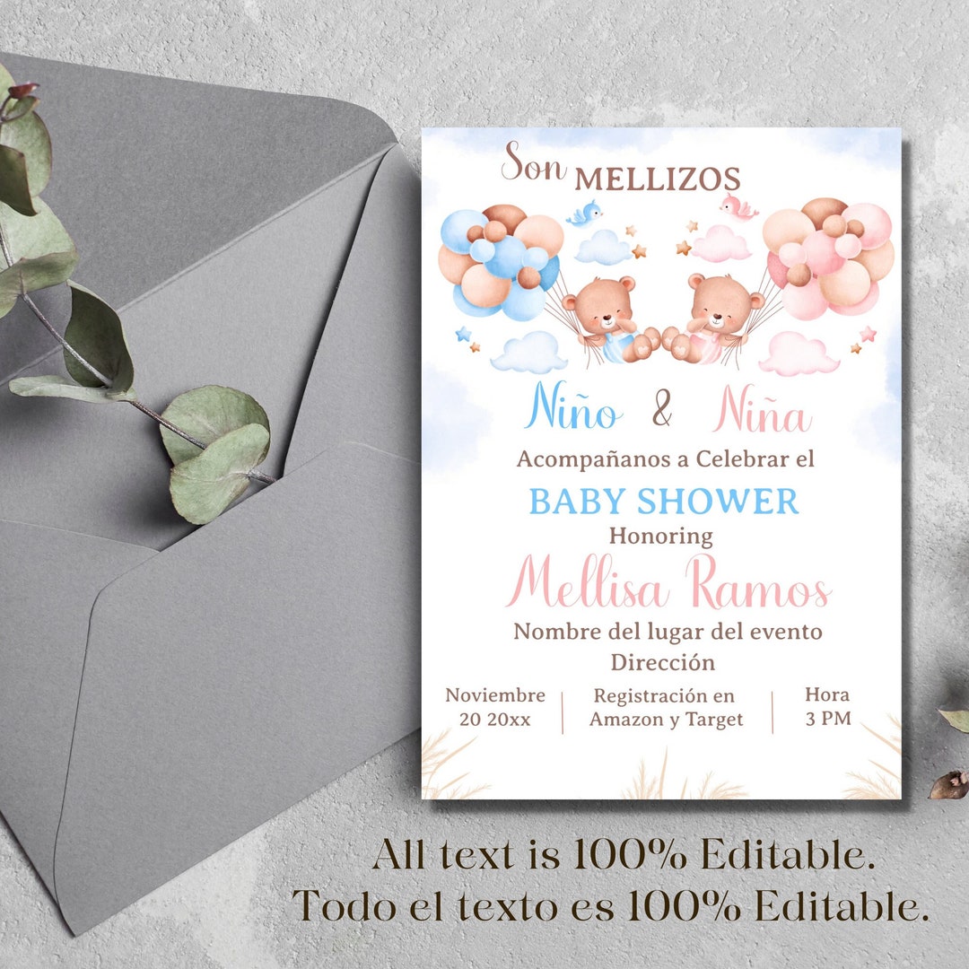 Spanish Baby Shower Twins Printable Invitation for Boy/girl Teddy Bear