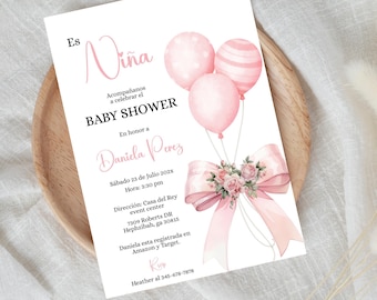 Spanish Pink Bow Floral  Baby Shower Printable Invitation for Girl - Invitación  Elegante para Niña Editable Imprimirble, Instant Download.