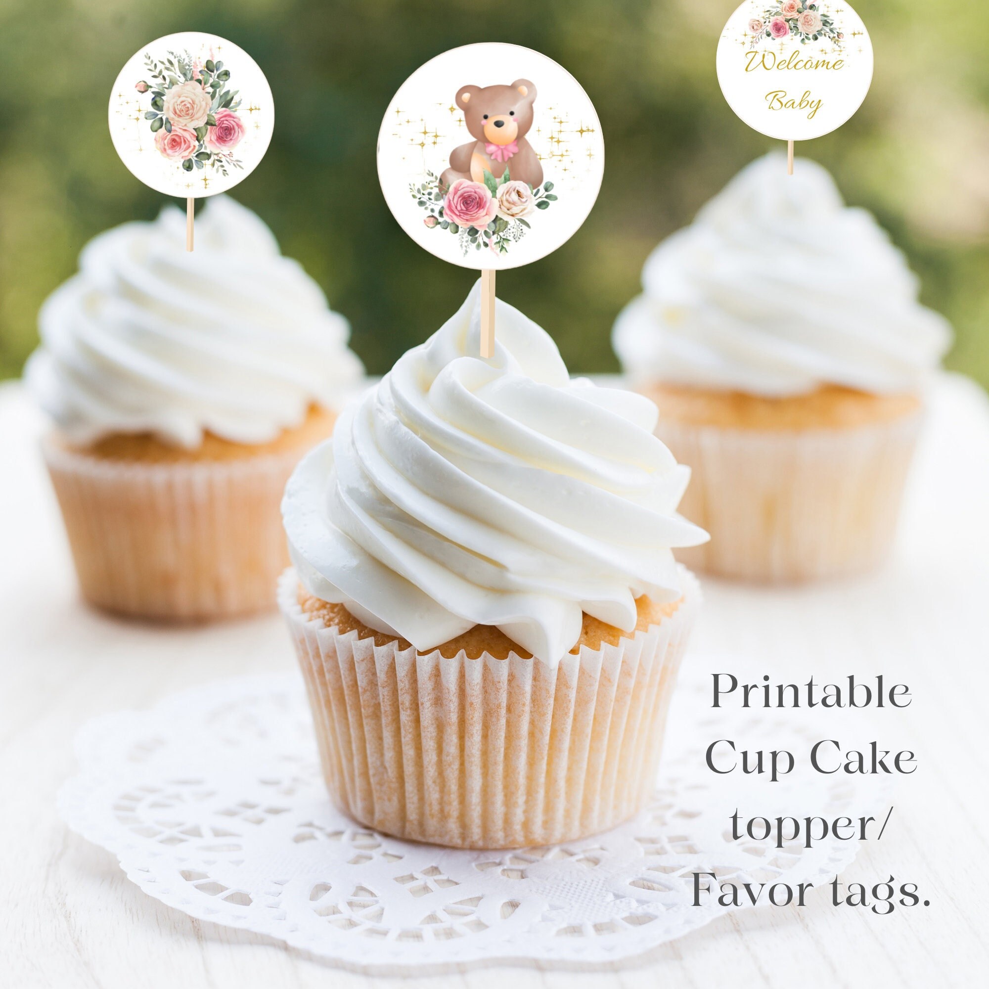 Teddy Bear Floral Baby Shower Cupcake Toppers Girl Baby - Etsy