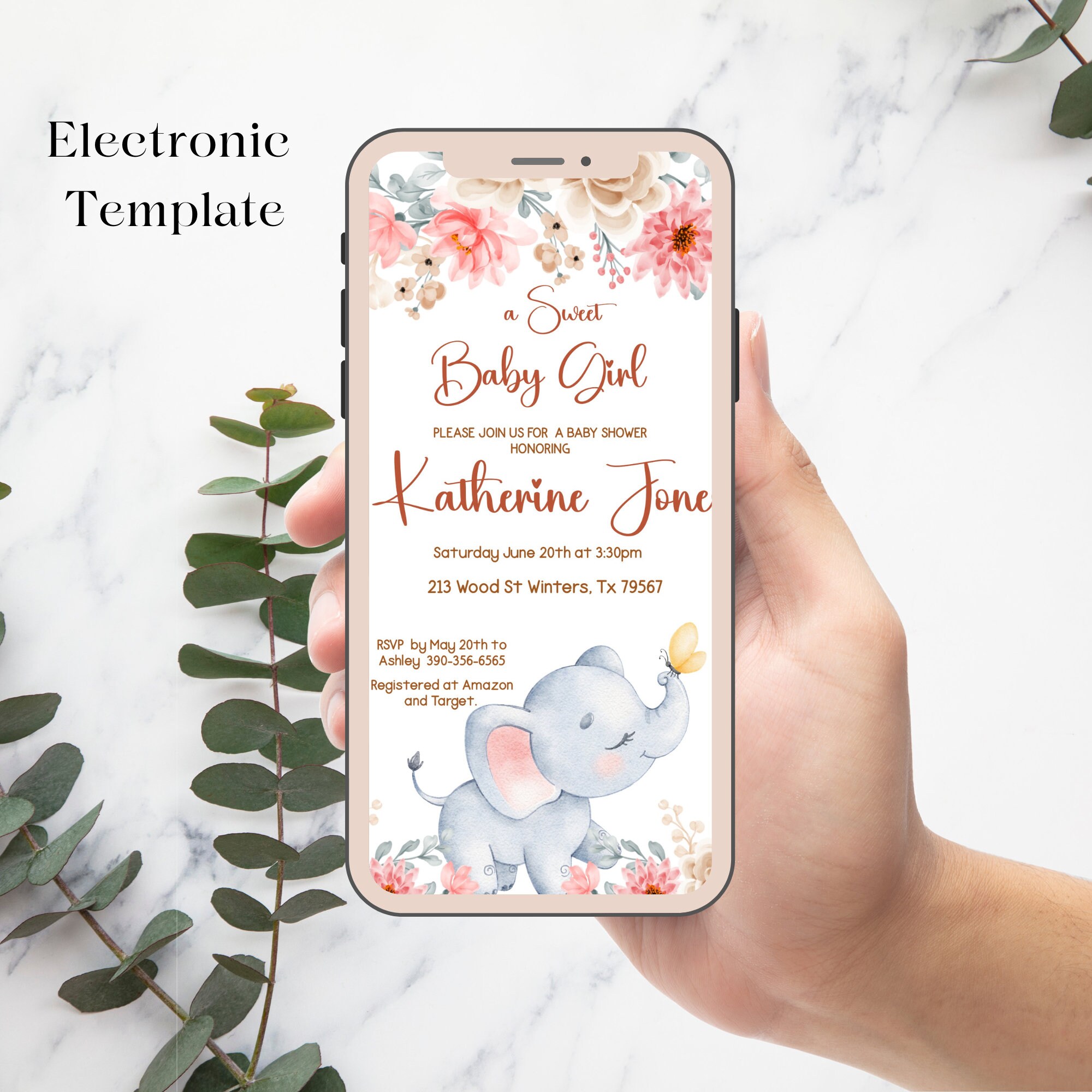 Girl Baby Shower Text Message Invitation Template, Electronic, Girl Baby  Clothes Shower, Floral Elephant Baby Shower, Baby Shower Evite, - Etsy, image size:2000x2000