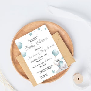 Spanish Elephant Silver Baby Shower Invitation-Printable Couples or Mom to-be Baby Shower invite Corjl Editable instant download invite.