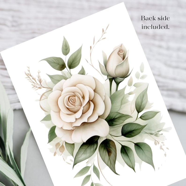 May include: A watercolor painting of a white rose with green leaves. The rose is in the center of the image and is surrounded by leaves. The background is white.