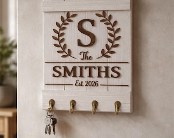 Personalized Wedding Gift Last Name Sign with key holder-Custom Anniversary Housewarming Gift, Farmhouse Decor Hey holder Family Gift Idea