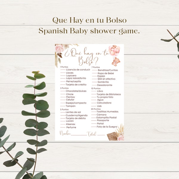 Espagnol Que hay en tu bolso Baby Shower Game, Teddy Bear Pink Boho Girl Baby Shower Game En Español, Téléchargement instantané Jeux imprimables.