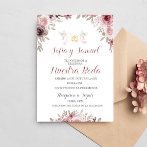 Invitacion floral para BODA En Español  Imprimirble. Invitacion para Boda en Español  color Oro y Blanco Editable descarga Instantanea.