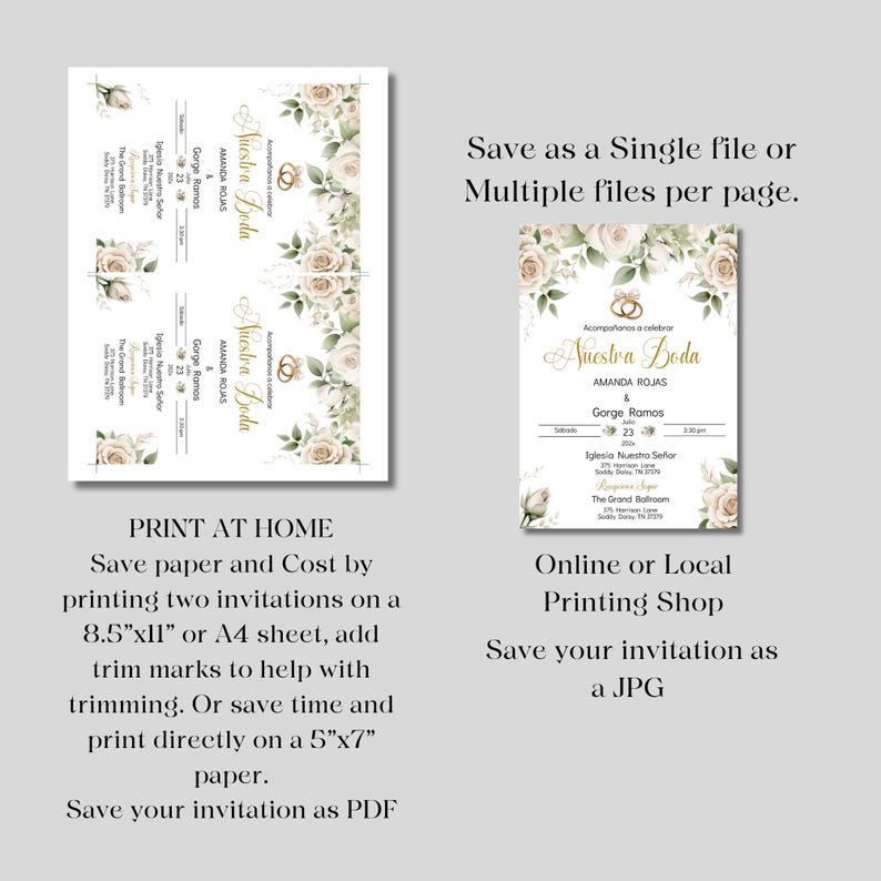 May include: A wedding invitation with a white background and floral design. The text reads "Acompa&ntilde;anos a celebrar Nuestra Boda Amanda Rojas & Gorge Ramos 23 Iglesia Nuestro Se&ntilde;or The Grand Ballroom"
