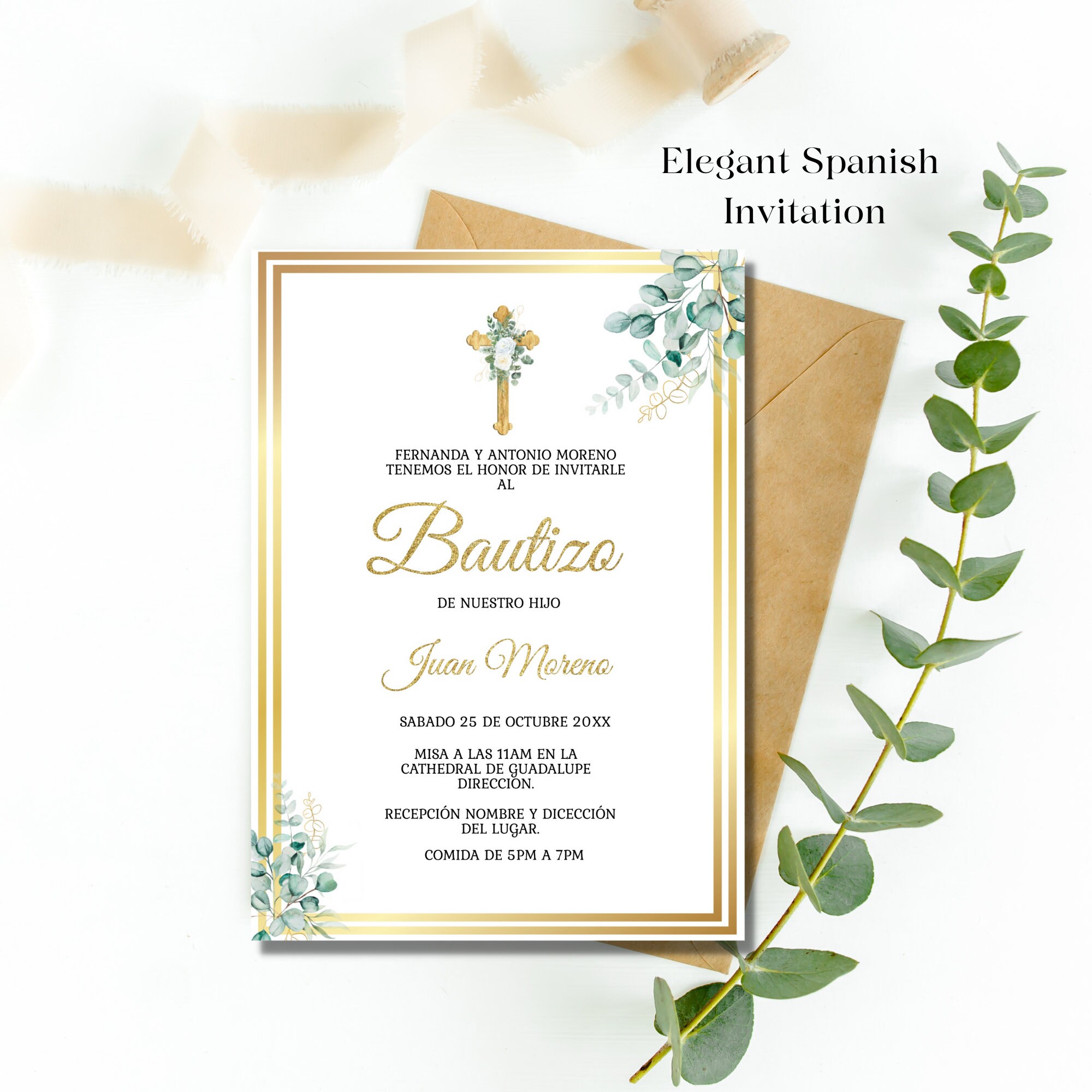 Invitacion de Bautizo, Christening Invite In Spanish, Invitaciones para Bautizo, Greenery Religious Invite, Boy Baptism, instant download.