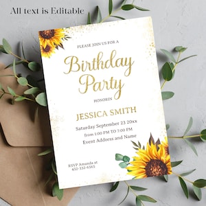 Sunflower Birthday Party Invitation Editable - Birthday Any Age Rustic Printable Invite  Digital Template Instant Download.