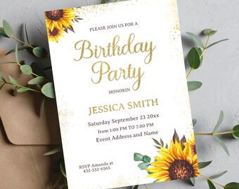 Sunflower Birthday Party Invitation Editable - Birthday Any Age Rustic Printable Invite  Digital Template Instant Download.