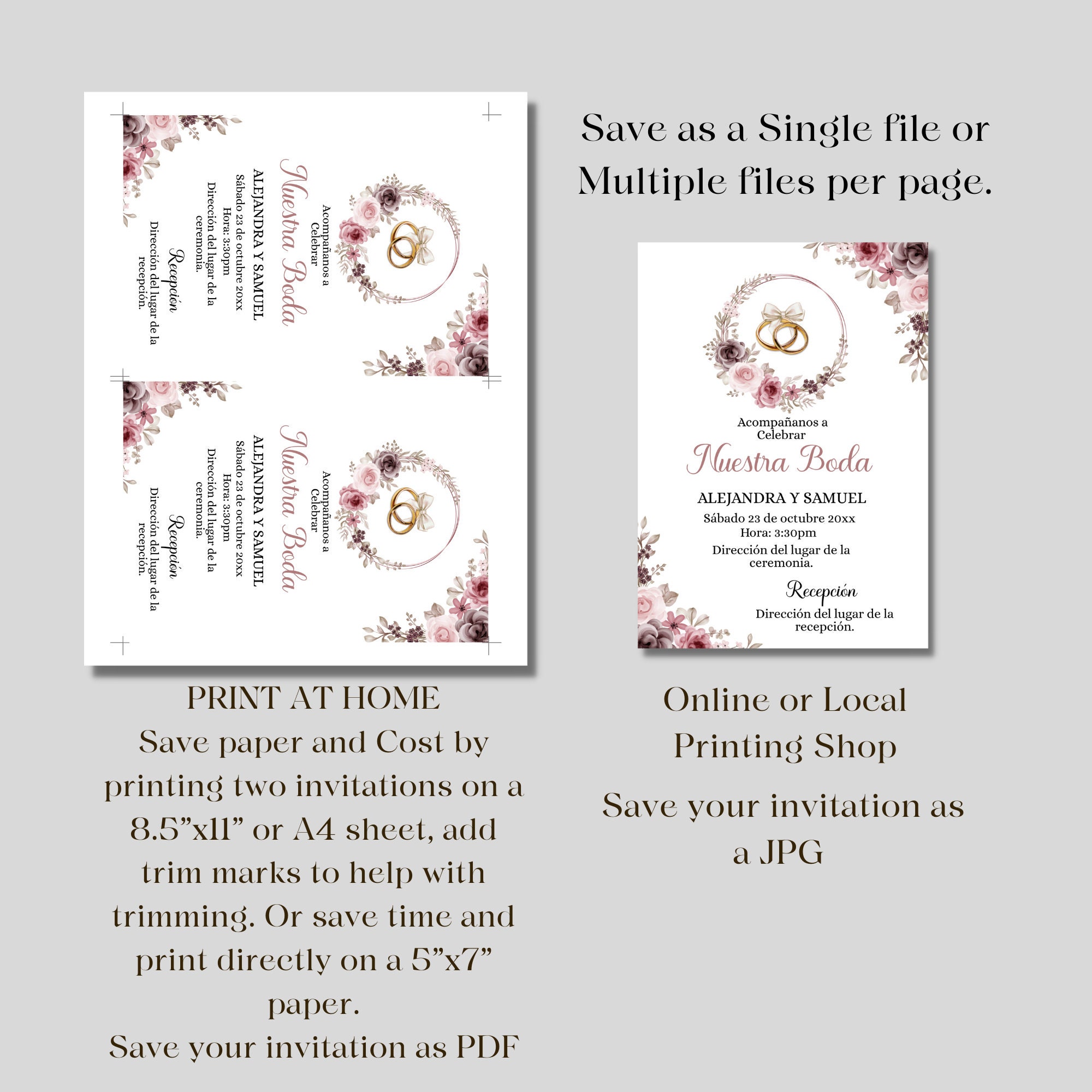 Spanish Blush-burgundy Floral Wedding Printable Invitation Template -  Invitacion Para Boda En Español- Invitacion Editable Printable Invite. -  Etsy, image size:2000x2000