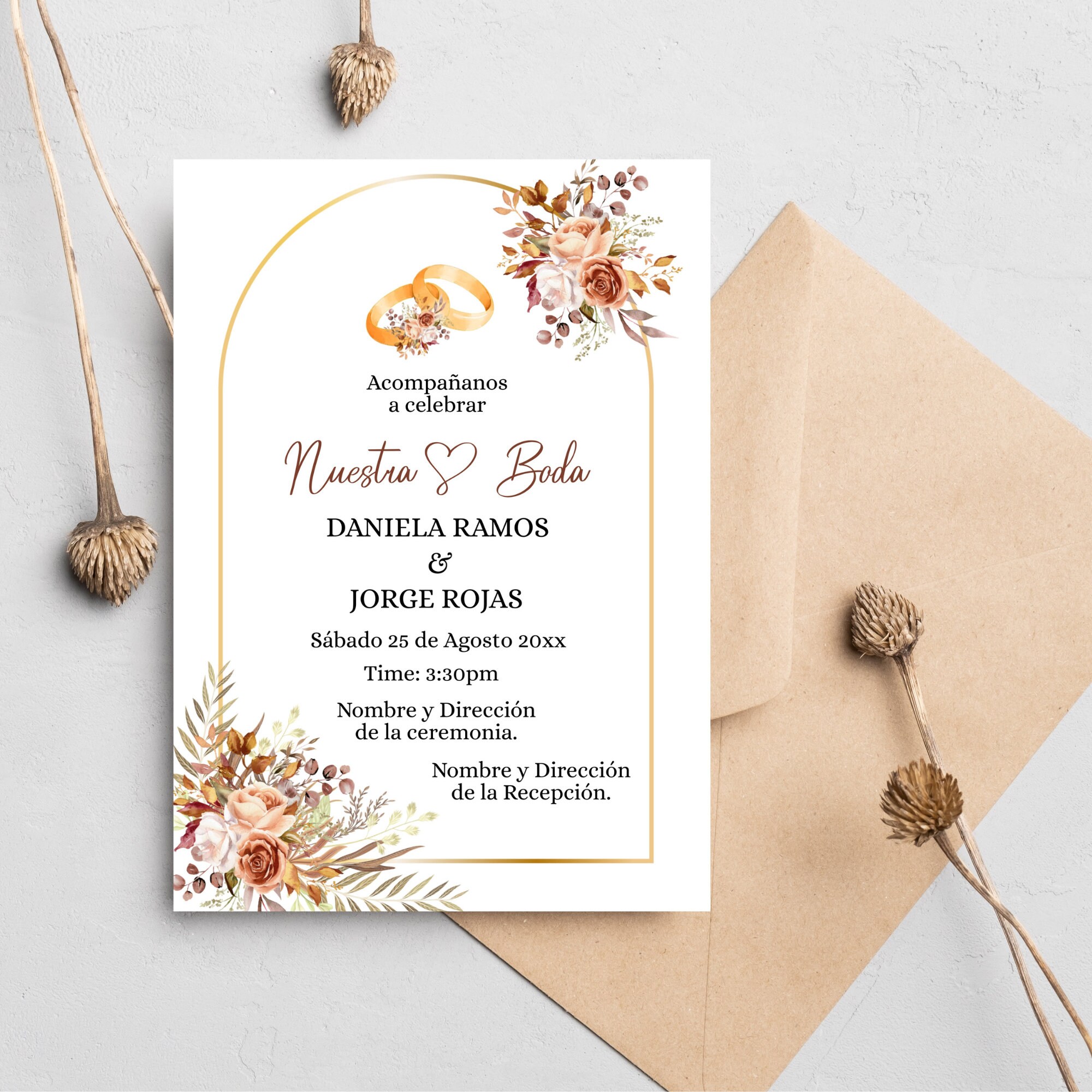 Spanish Wedding Terracotta Invitation-floral Spanish Burnt Orange