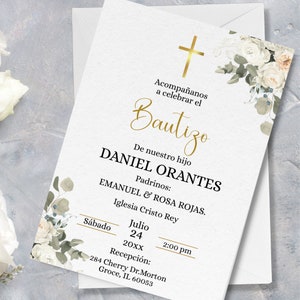 Invitación para Bautismo En Español  Imprimirble. Invitacion para Bautizo de Niños color oro y verde  Editable descarga Instantanea.