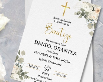 Eucalipto White floral Spanish invitación de bautizo, Invitacion Editable baptism invitation in spanish green gold letter, instant download.
