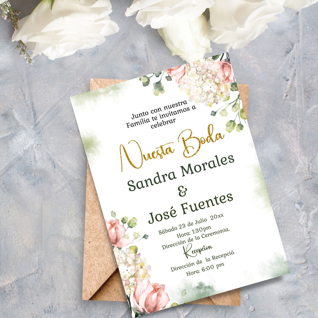 Invitacion para boda con deseño floral lista, invitación en español para  boda completamente editable. - Etsy México, image size:1080x1080