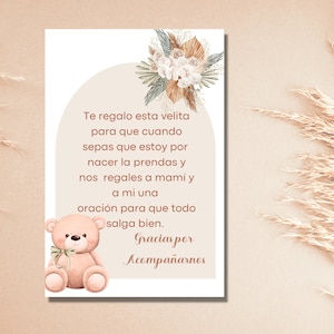 Spanish Baby Shower Card , Spanish Favor Cards, Candle Favors, Recuerdo  Para Baby Shower, Oracion Para Bebe, Pink Bear Theme 