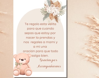 Carta di favore per baby shower spagnolo per ragazzo, carta di favore per candele spagnole, Recuerdo para Baby Shower, desideri e pagatore per la carta di favore per bambini.