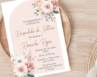 Spaanse moderne bewerkbare bloemensjabloon vrijgezellenfeest, afdrukbare Despedida de Soltera-uitnodigingskaart, BlushFloral Invite.