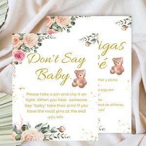 English and Spanish floral blush pink Don't Say Baby Signs, Cartel de No Digas Bebe Bilingual baby shower signs Instant Download