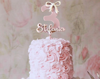 Personalized Bow Acrylic cake topper Third Birthday Coquette Theme Baby girl Party decor Pink Bow Smash cake First birthday photo prop