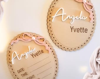 Birth Stats sign Hospital Newborn Name Sign Baby Shower Gift Baby Name Announcement Photo prop sign Coquette Bow Theme sign
