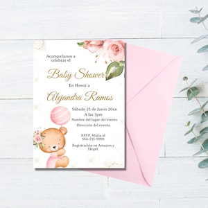 Spanish Girl Blush pink floral teddy bear Baby shower invite, Modern Boho Printable Spanish baby shower invite-instant downlow printable.