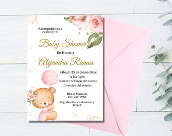 Spanish Girl Blush pink floral teddy bear Baby shower invite, Modern Boho Printable Spanish baby shower invite-instant downlow printable.