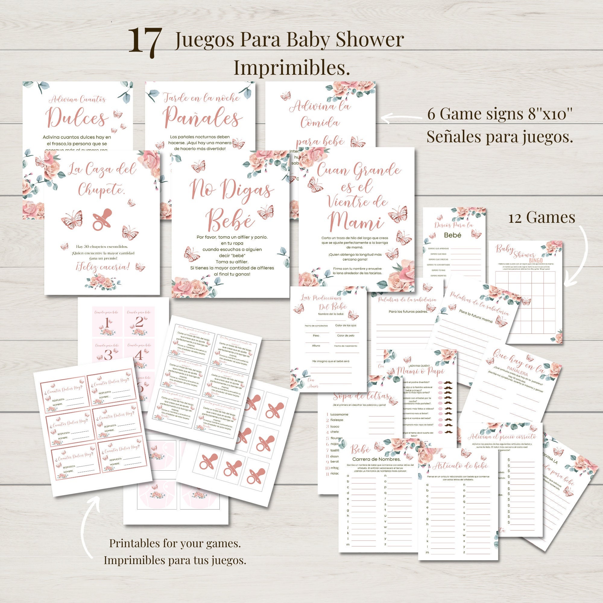 Spanish Rose Gold Baby Shower Games Bundle Butterfly Modern 