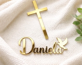 Personalized Baptism or Communion Cake Charm Christening Topper Name & Cross Set Custom Name Cross Baptism decoration Communion cake decor