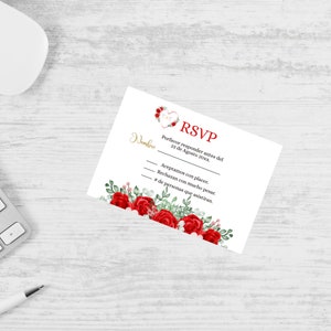 Hiszpański czerwony kwiatowy drukowany ślubny szablon RSVP, czerwone róże hiszpański RSVP ślubny wkładka, wszystko edytowalne i do wydrukowania natychmiastowe pobranie