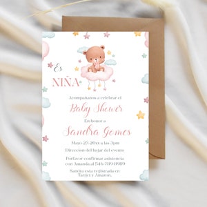 Spanish Baby Shower Printable Invitation for Girl - Invitación de teddy bear colorful invite para Niña Imprimirble, Instant Download.