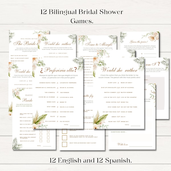 Spanish and English Printable Bridal shower games set,  Bilingual Bridal shower, Bachelorette games Bundle Instant Download.