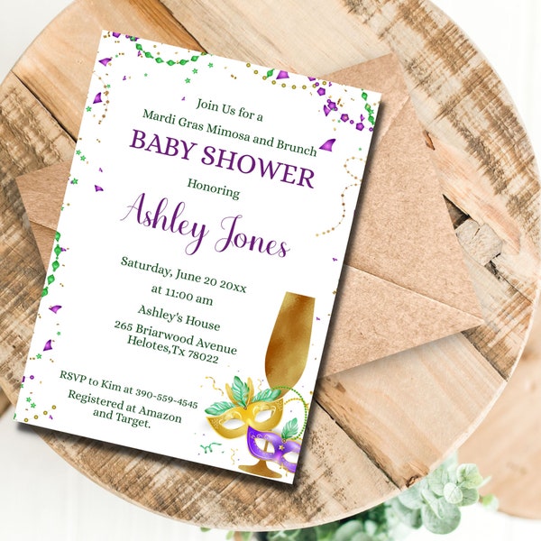 Editable Mardi Gras Baby Shower / Invitation à la douche nuptiale, Mimosa Baby shower Brunch invite - Modèle modifiable Téléchargement instantané.