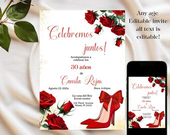 Editable Spanish Birthday Invitation: Red Heels, Roses (Digital)