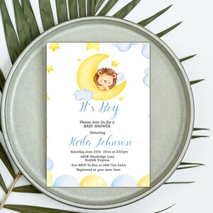 Zaproszenie na baby shower dla chłopca, edytowalny szablon z motywem lwa do natychmiastowego pobrania, urocze edytowalne zaproszenie z motywem lwa.