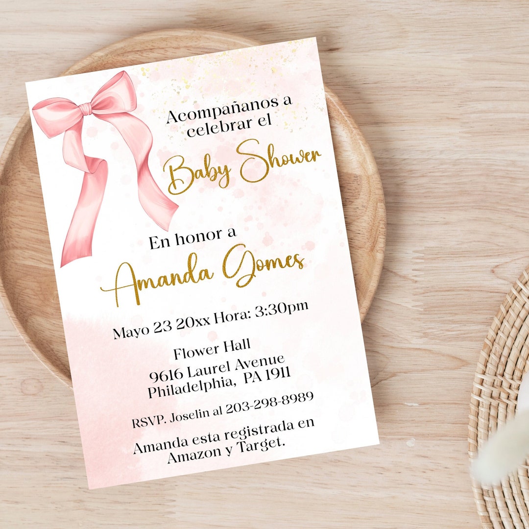 Spanish Pink Bow Baby Shower Printable Invitation for Girl - Blush Gold ...