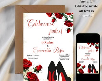 Red Roses Birthday Invitation: Black Heels, Editable Text (Digital)