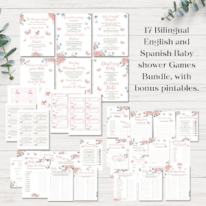 Juegos para baby shower rosita, paquetede Bilingue de juegos floral para baby shower de Niña, imprimible de descarga instantanea.