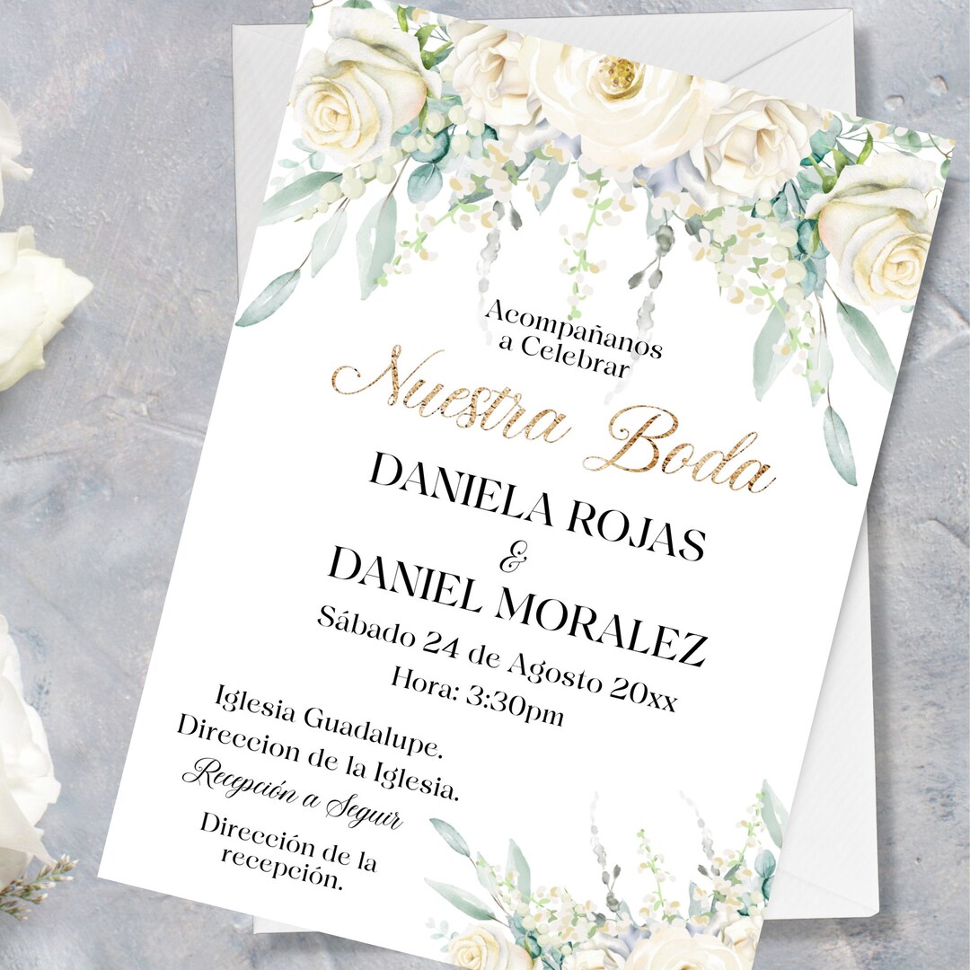 Spanish White Gold Printable Wedding Invitation Template, Roses Spanish ...