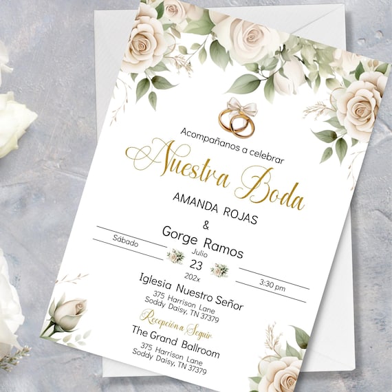 Spanish sage white Wedding invite. Text invitation, Invitaciones de boda floral en  español Editable,Spanish. Instant Download