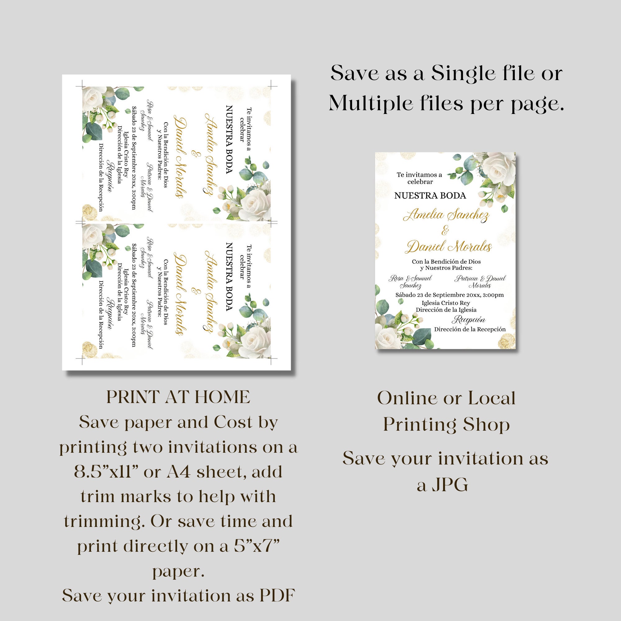 Spanish White and Gold Floral Wedding Printable Invitation Template -  Invitacion Para Boda En Español Editable E Imprimirble. - Etsy Israel, image size:2000x2000