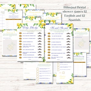Amalfi Spanish and English Printable Bridal shower games set, Mediterranean Bilingual Bachelorette games Bundle Instant Download.