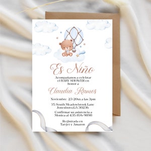 Boys Printable Baby Shower Invite - Customizable Blue Teddy Bear Invitation Printable, Instant Download Spanish Baby shower invite.