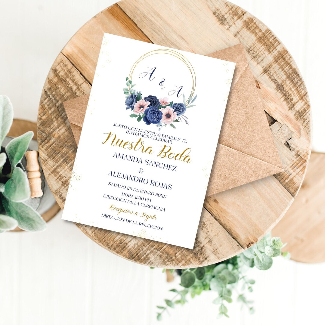 Spanish Modern Printable Wedding Invitation Template,blue and Blush ...