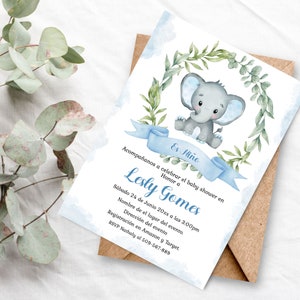 Spanish Elephant Boys Baby Shower invitation, Baby Boy light blue Baby shower invite, Printable Spanish baby shower invite.