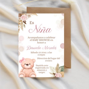 Convite para impressão de chá de bebê espanhol para menina - Convite boho de ursinho Blush para Niña Editável para imprimir, download instantâneo.