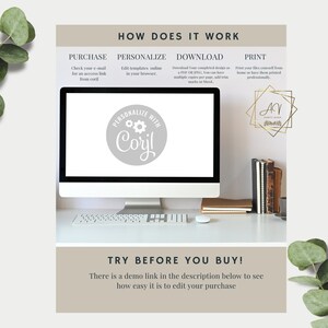 May include: A computer screen displaying a website with the text "HOW DOES IT WORK" and four sections: "PURCHASE", "PERSONALIZE", "DOWNLOAD", and "PRINT". The website also includes a logo with the text "PERSONALIZE WITH Coril". The computer is on a white desk with a keyboard and a mouse. The text "TRY BEFORE YOU BUY!" is displayed below the computer screen. The text "There is a demo link in the description below to see how easy it is to edit your purchase" is displayed below the text "TRY BEFORE YOU BUY!"