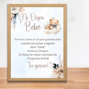 Cartel de Adivina Cuantos Dulces  Juego Para Baby shower en Español, cartel Floral con Osito de color azul para Niño de descarga instantánea