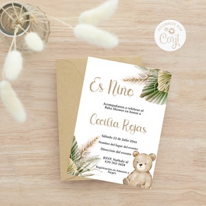 Convite para impressão de chá de bebê espanhol do ursinho de pelúcia para menino - Invitación de Osito e Pampas Gras Boys Shower convite para download instantâneo.
